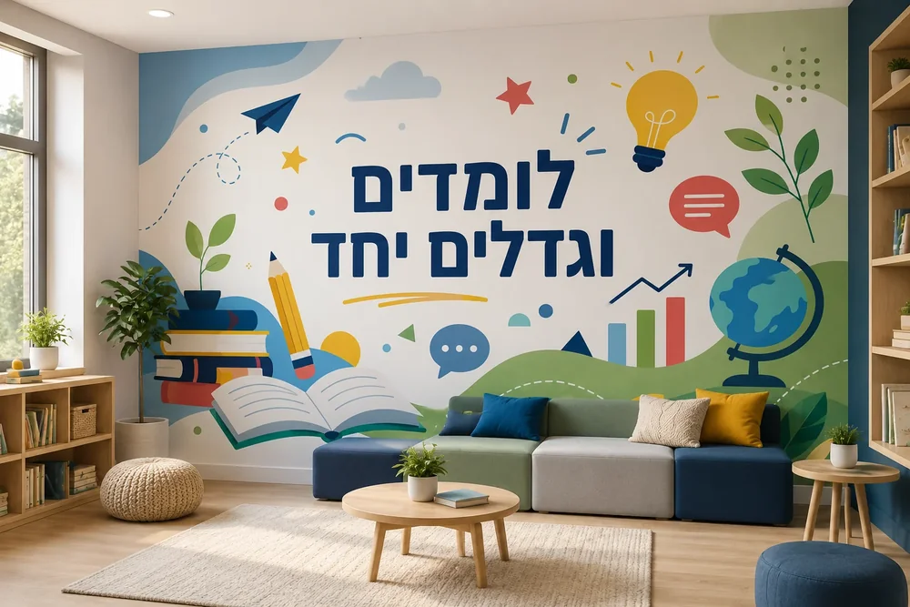 טפט סמלים חינוכיים עם ספרים ועיפרון על קיר בכיתה עם שולחנות וכיסאות.