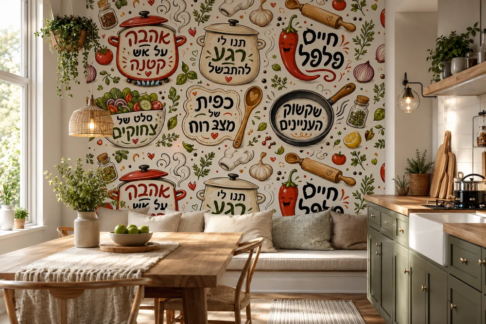טפט עם בדיחות בישול על קיר מטבח עם ארונות לבנים ומנורות תלויות