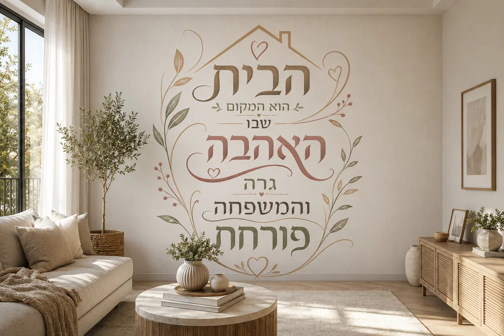 טפט טיפוגרפיה עברית עדינה על קיר בסלון עם תאורה רכה וספה מודרנית