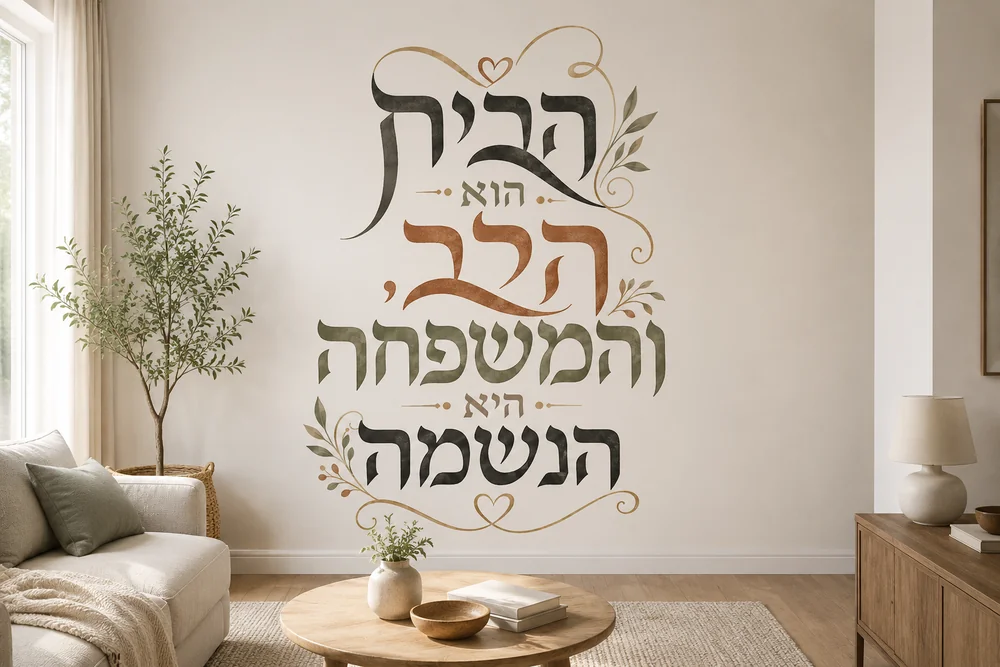 טפט עם טיפוגרפיה עברית על קיר בחדר משפחה עם ספה אפורה ותאורה רכה