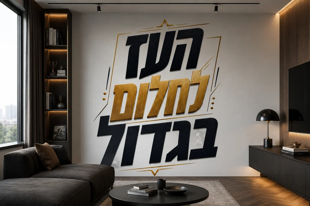 טפט טיפוגרפי עם ציטוט מוטיבציוני על קיר משרד עם שולחן עץ וכיסא מודרני
