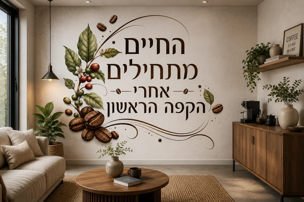 פולי קפה משתלבים עם ציטוט בעברית בגופן מינימליסטי, צבעים חמים וניגודיות מרעננת.