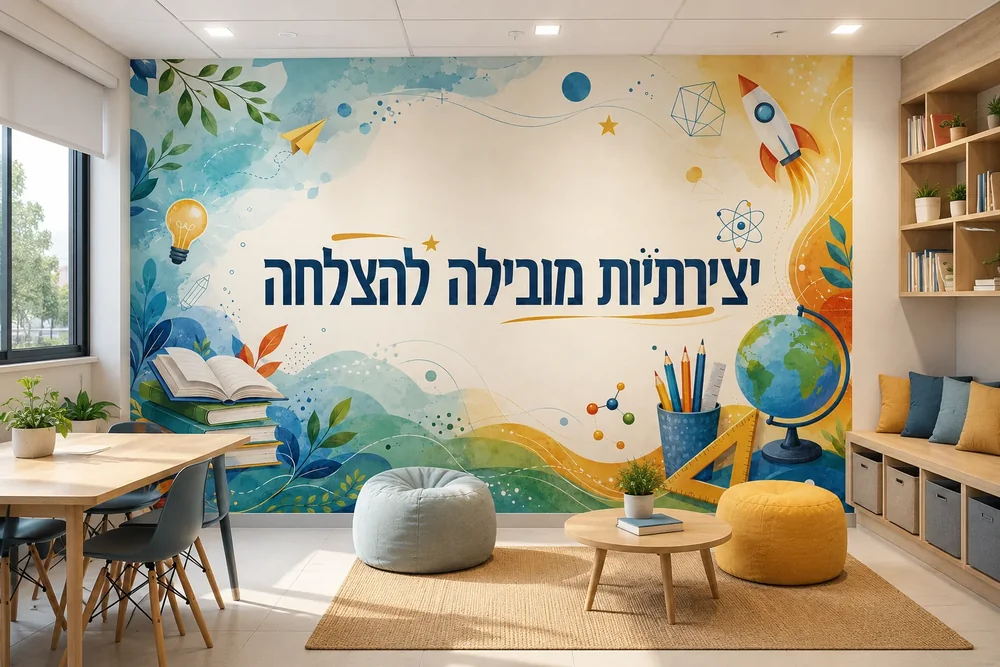 טפט חינוכי עם גלובוס וספרים על קיר בכיתה עם שולחנות וכיסאות.