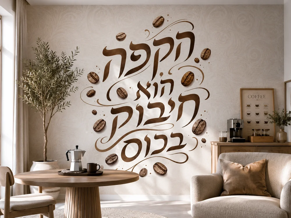 טפט עם ציטוט בעברית על קיר במטבח עם שולחן עץ וכיסאות תואמים