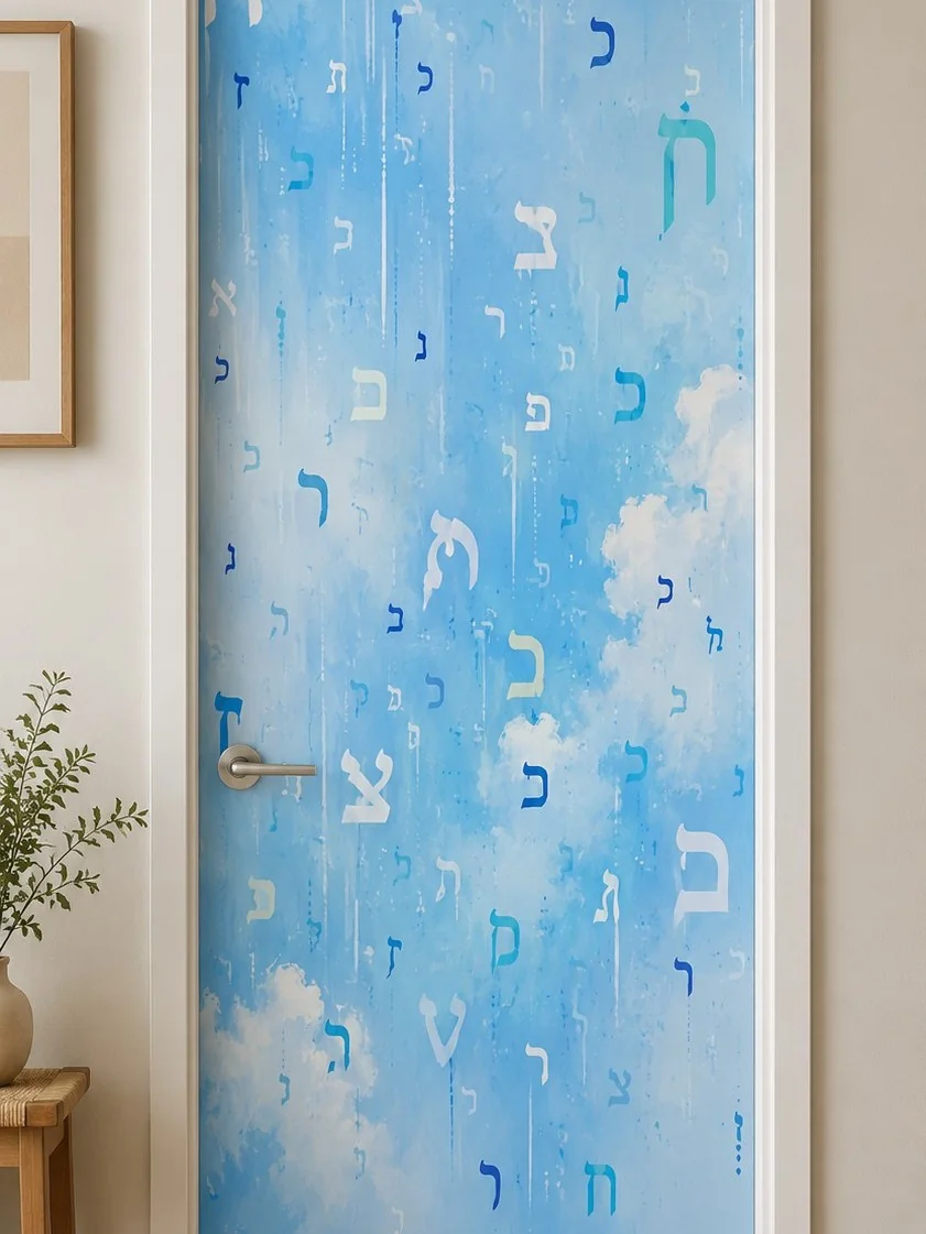 טפט עם אותיות עבריות בסגנון מודרני על רקע כחול שמיים, לכיסוי דלת שלמה.