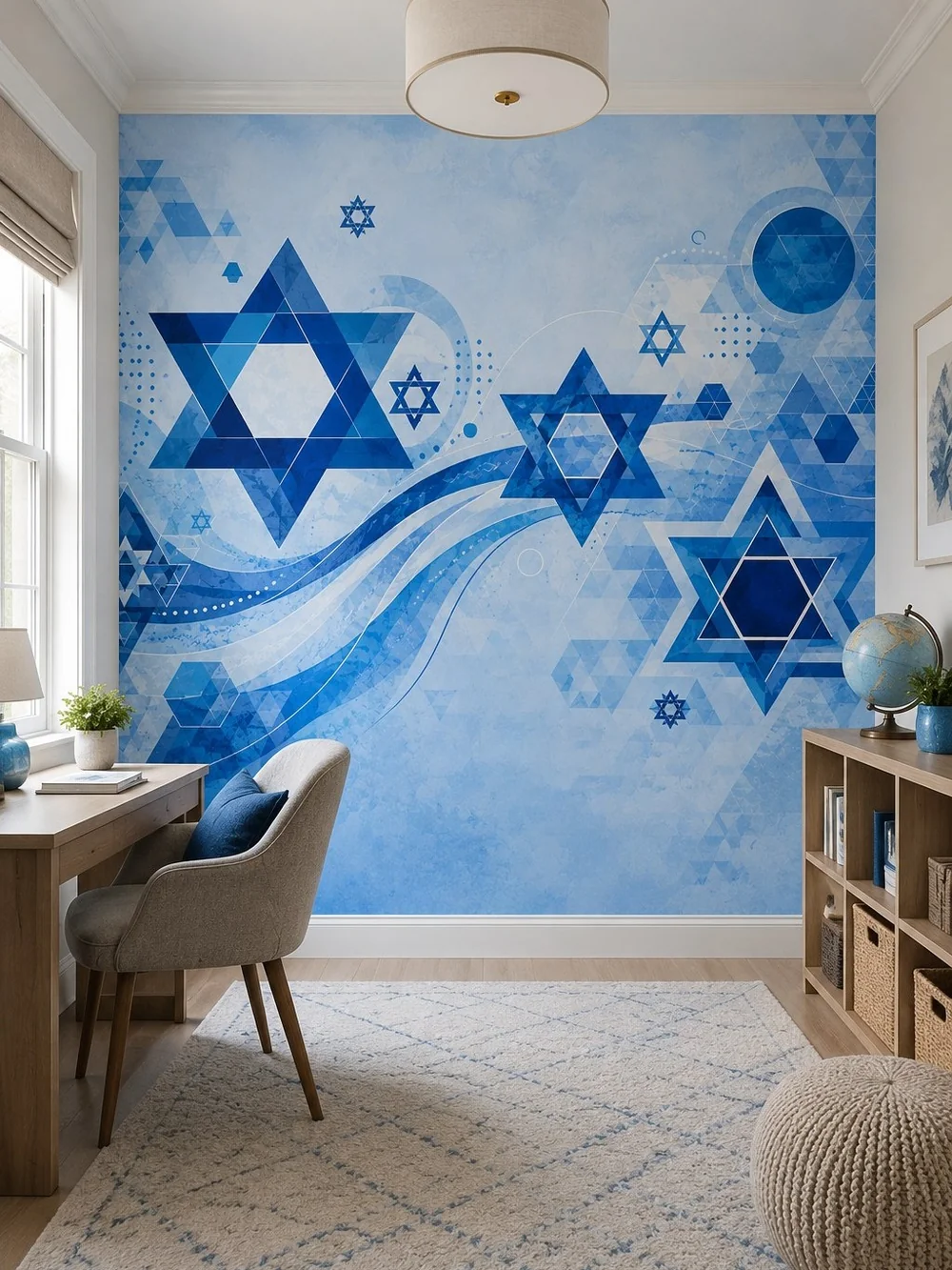 טפט עם מוטיב מגן דוד על קיר בחדר מגורים עם ספה כחולה ושולחן עץ בהיר