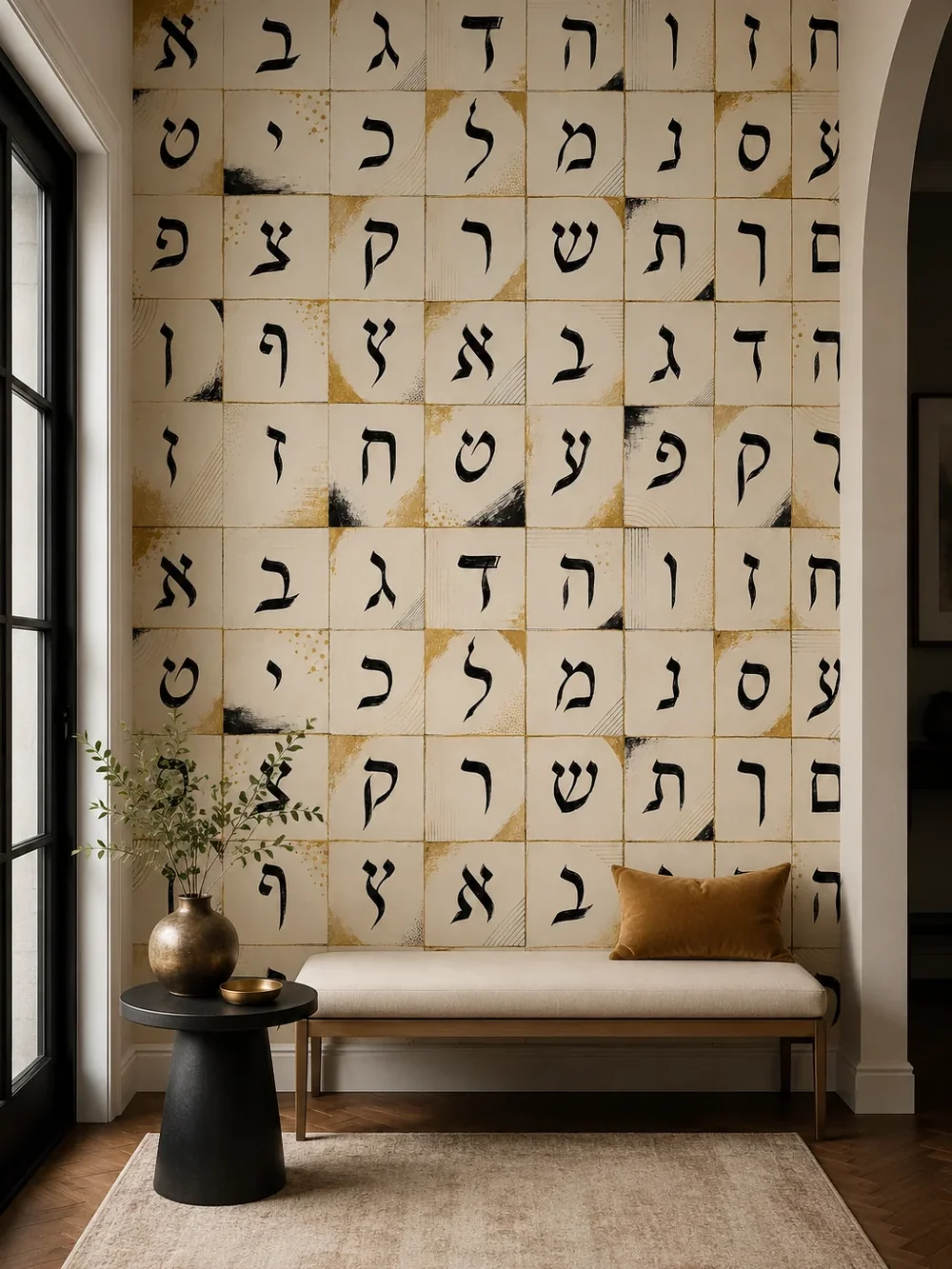 טפט רשת אותיות עבריות בעיצוב קליגרפי על קיר חדר עבודה עם שולחן עץ וכסא נוח
