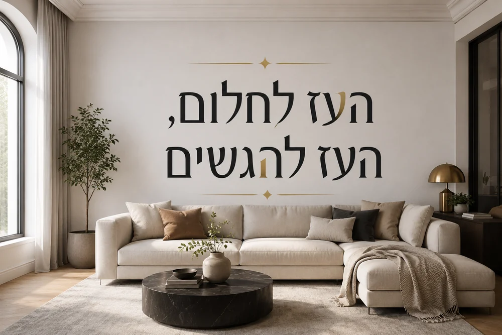 טפט עם ציטוט השראה בעברית על קיר בחדר עבודה עם שולחן עץ וכיסא מודרני.