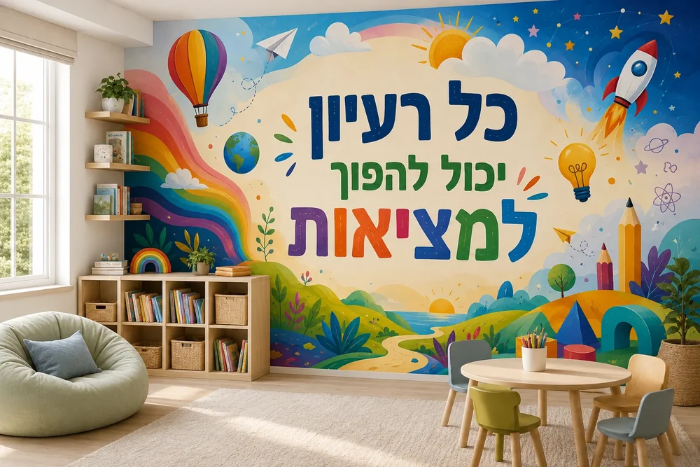 טפט עם עיצוב בלון פורח ומטוס מנייר על קיר בחדר ילדים עם מדף ספרים צבעוני