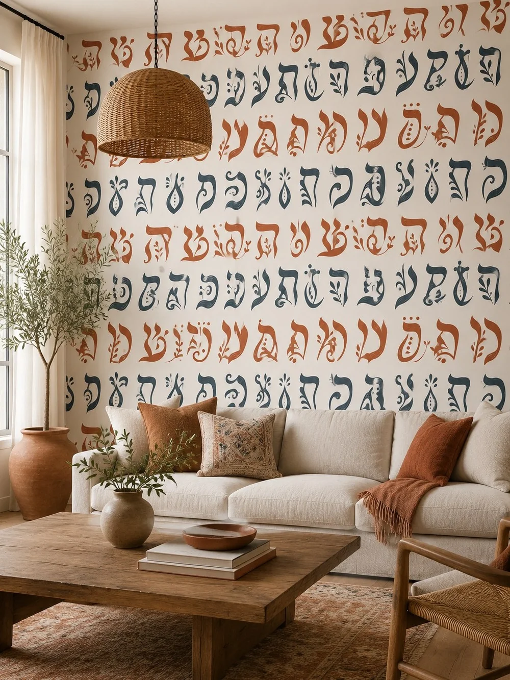 טפט אותיות עבריות מצוירות על קיר בחדר עבודה עם שולחן עץ וכיסא כחול.