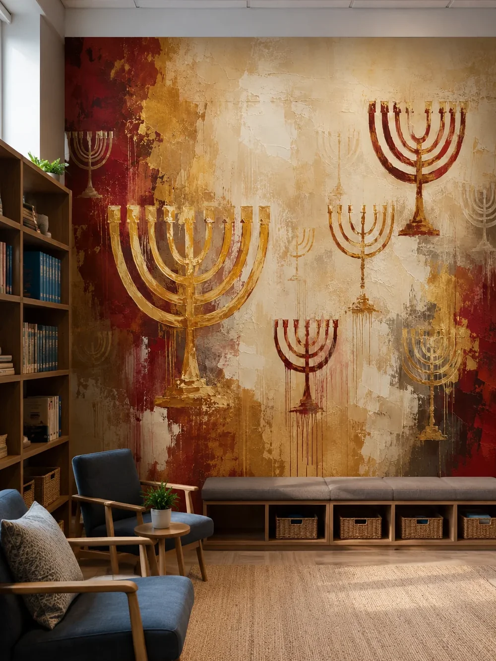 טפט מנורות חנוכה אבסטרקטיות על קיר בסלון עם כורסא אדומה ושולחן עץ כהה.