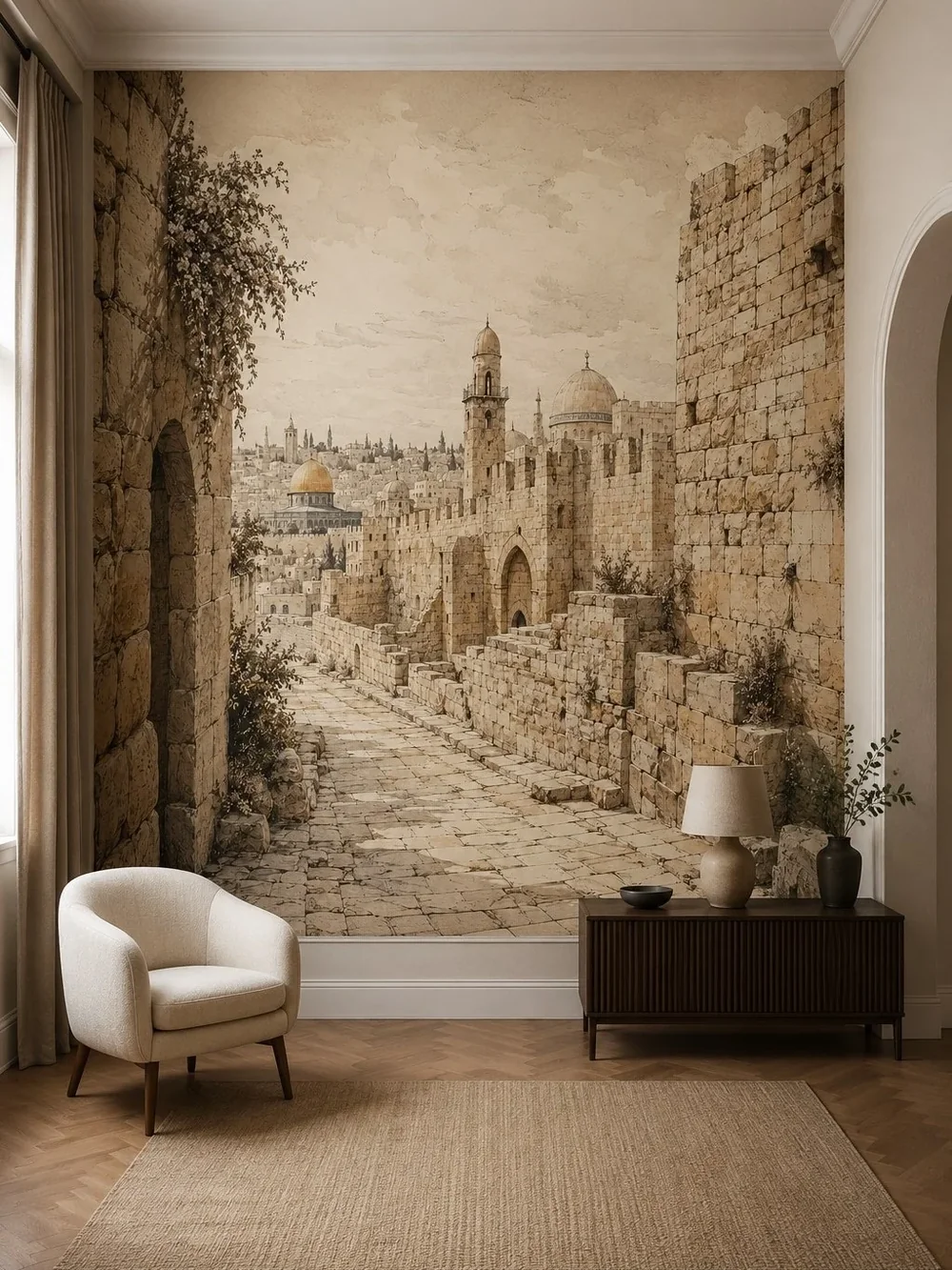 טפט נוף עירוני עתיק מאבן על קיר בחדר עם רהיטים בסגנון וינטג' ואור טבעי
