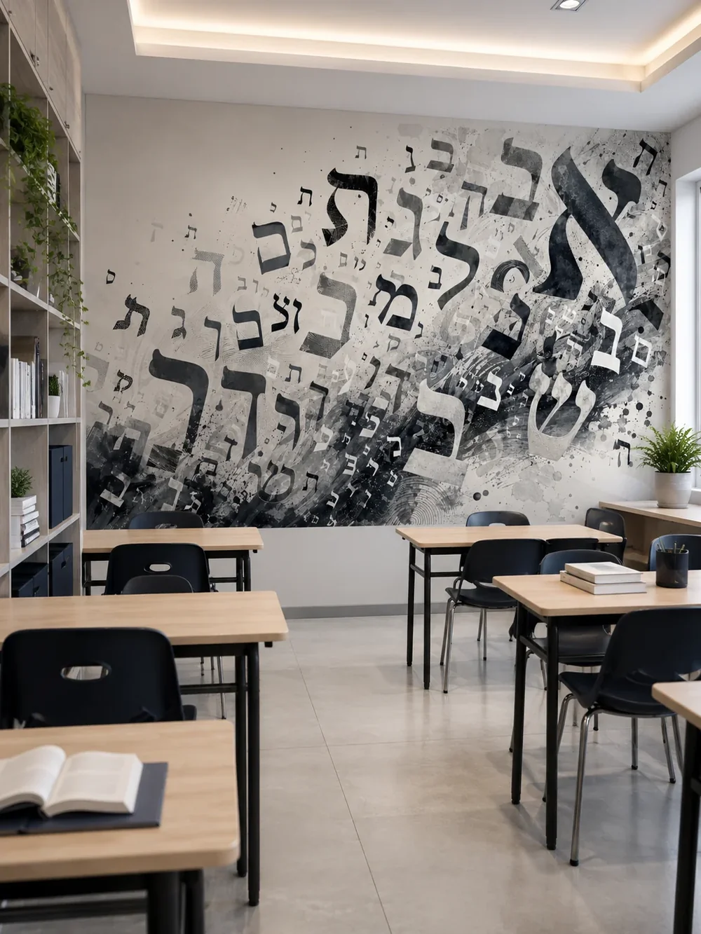 טפט אותיות עבריות על קיר בסלון מודרני עם ספה אפורה ושולחן עץ כהה.