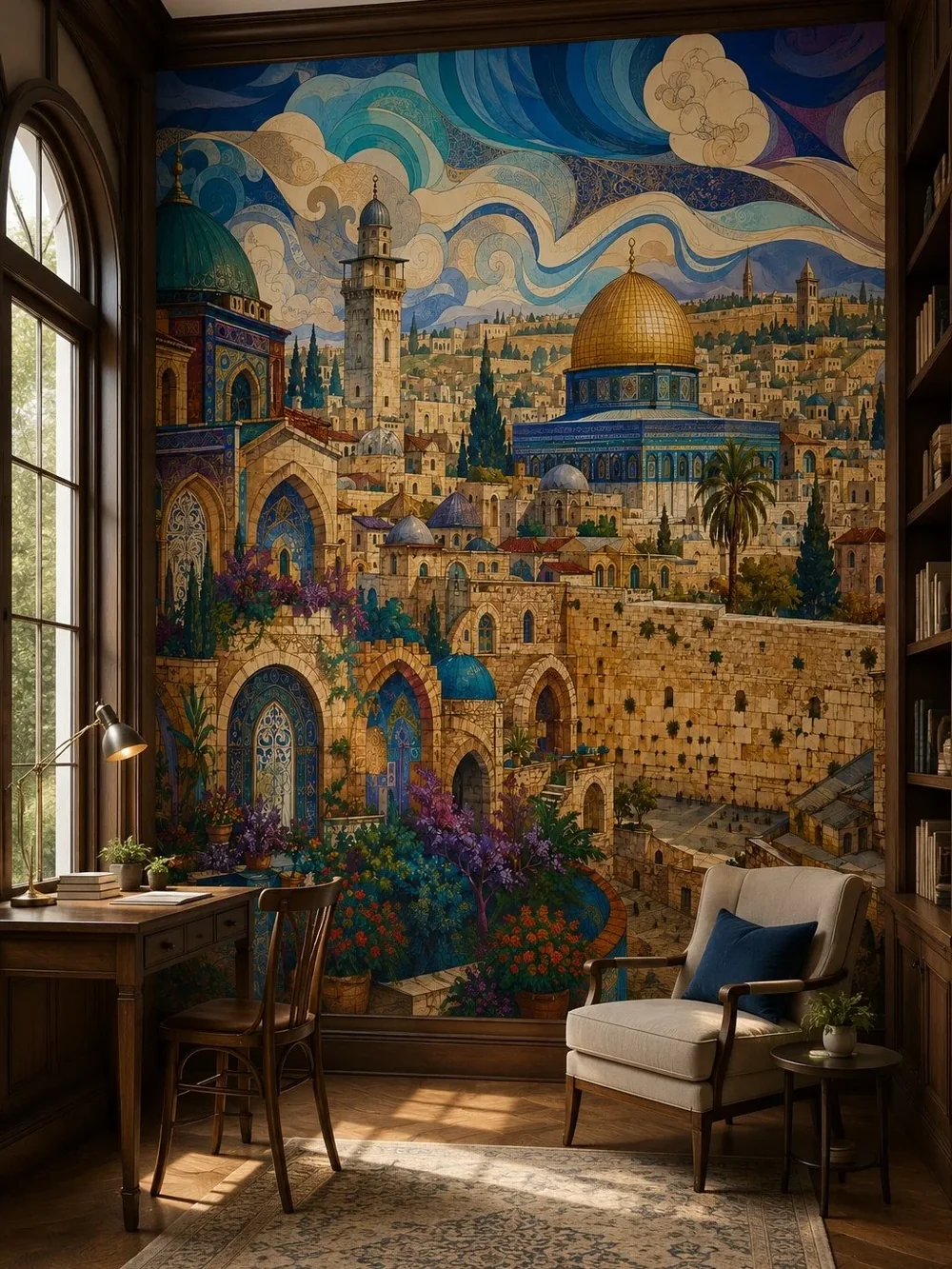טפט עם נוף עירוני מהמזרח התיכון על קיר בחדר עם ספה כחולה ושולחן עץ בהיר