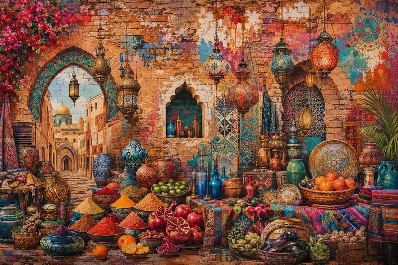 שוק מזרח תיכוני עם תבלינים, פירות ופנסים בצבעים עשירים של אדום, כתום, כחול וזהב.