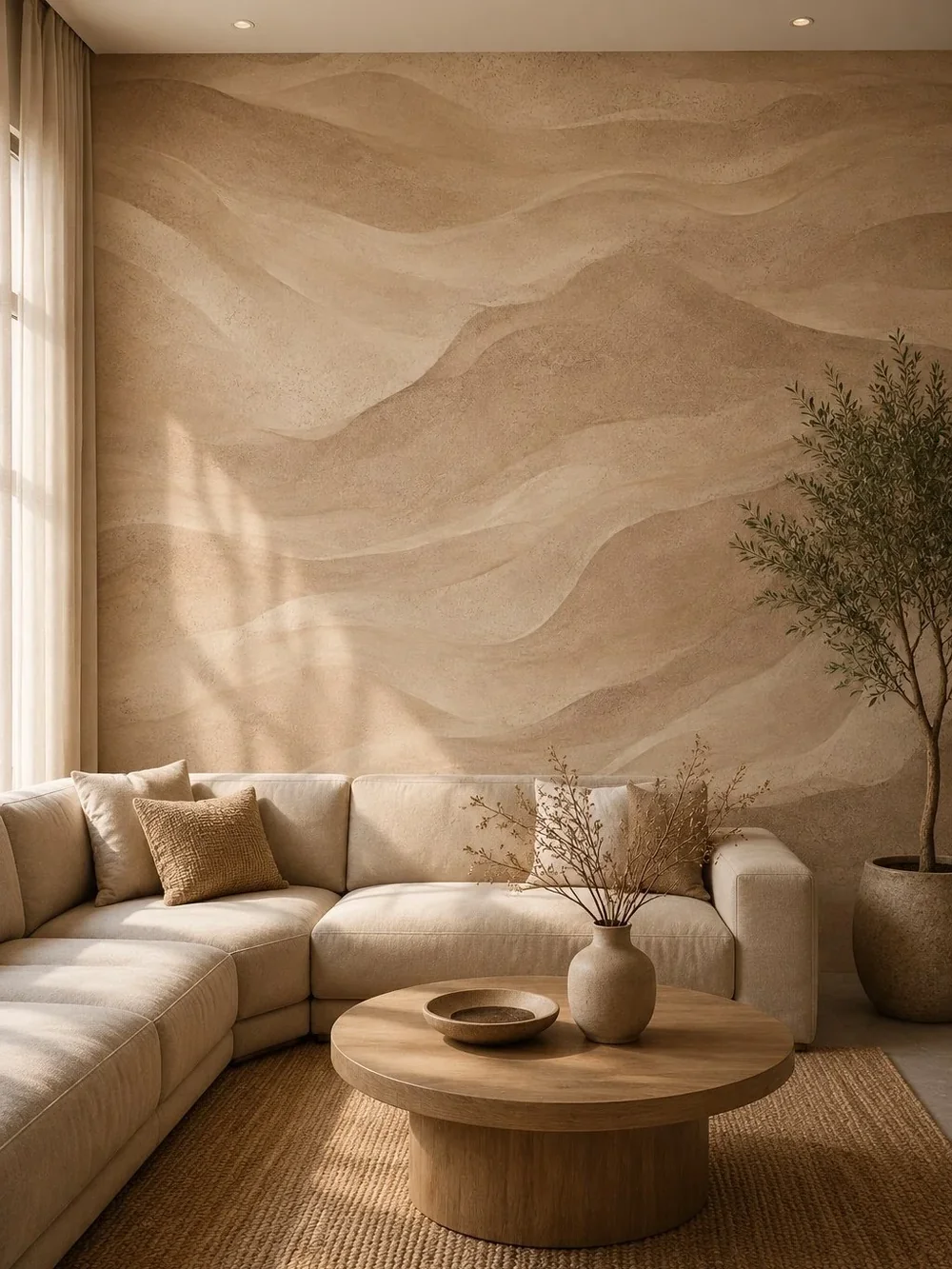 טפט אבסטרקטי עם קווים גלים בגוונים של בז' וחום על קיר בסלון עם ריהוט מודרני ותאורה רכה.