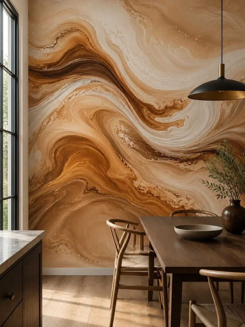 טפט דינמי עם דוגמאות מסתובבות על קיר בסלון עם ספה בז' ותאורה רכה