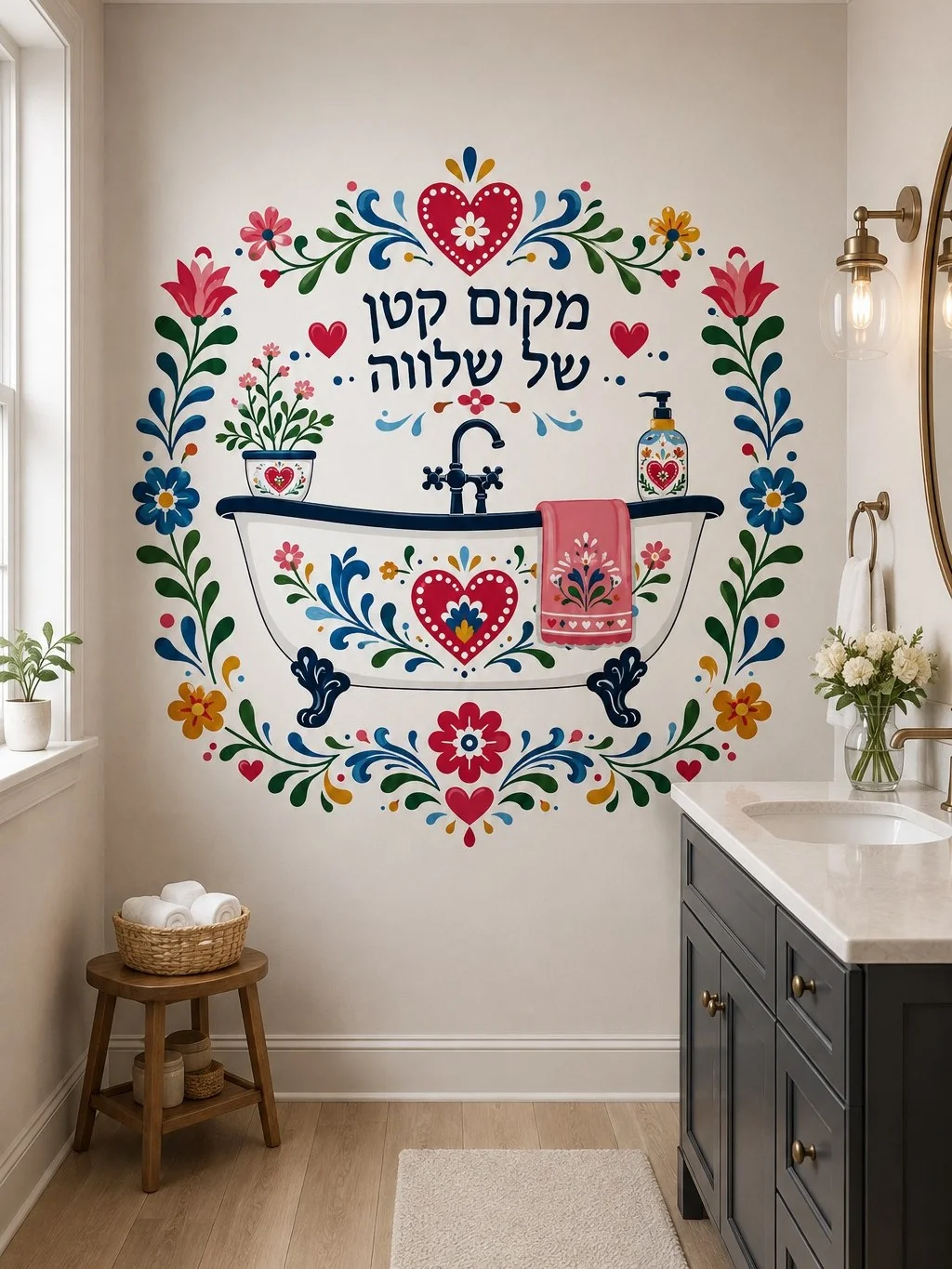 אמבטיה לבנה עם עיטורים פרחוניים