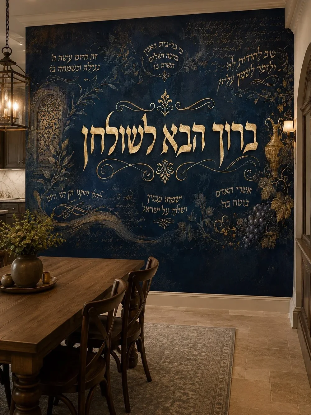 טפט קליגרפיה עברית עם עיטורים פרחוניים על קיר בחדר עבודה עם מדפים מעץ וספת עור שחורה.