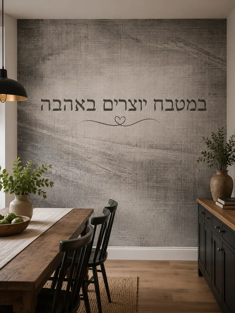 טפט טקסט עברי עם לב על קיר בחדר מגורים עם כורסה אפורה ושולחן עץ בהיר.