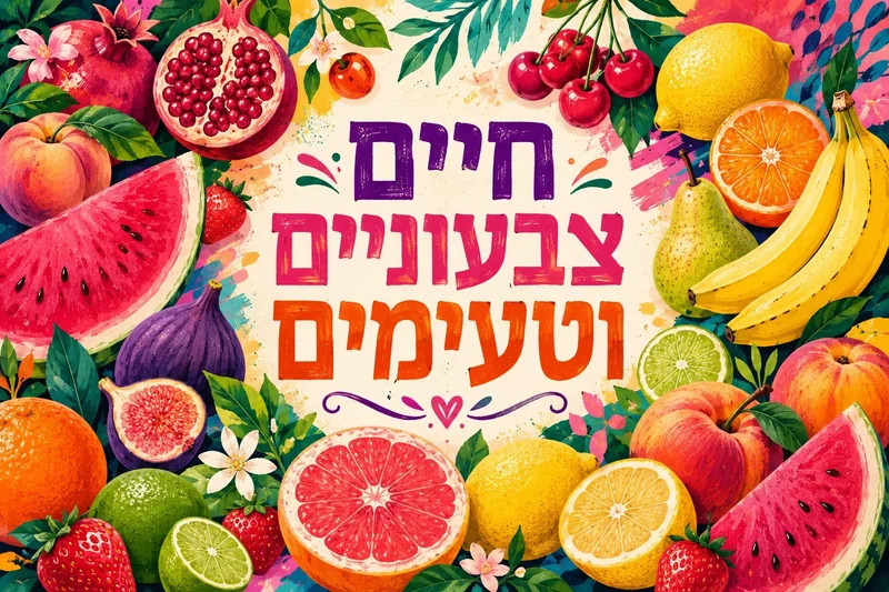 תצוגה של פירות כמו אבטיח, רימון, דובדבנים והדרים בצבעים עזים סביב טקסט עברי