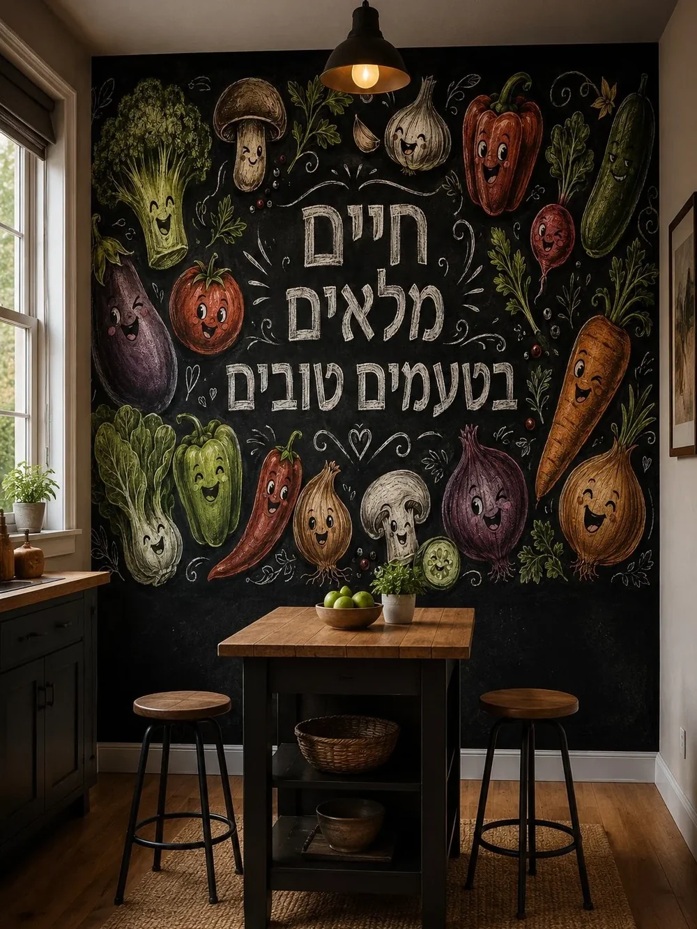 טפט ירקות מחייכים על קיר במטבח עם שולחן עץ בהיר וכיסאות צבעוניים