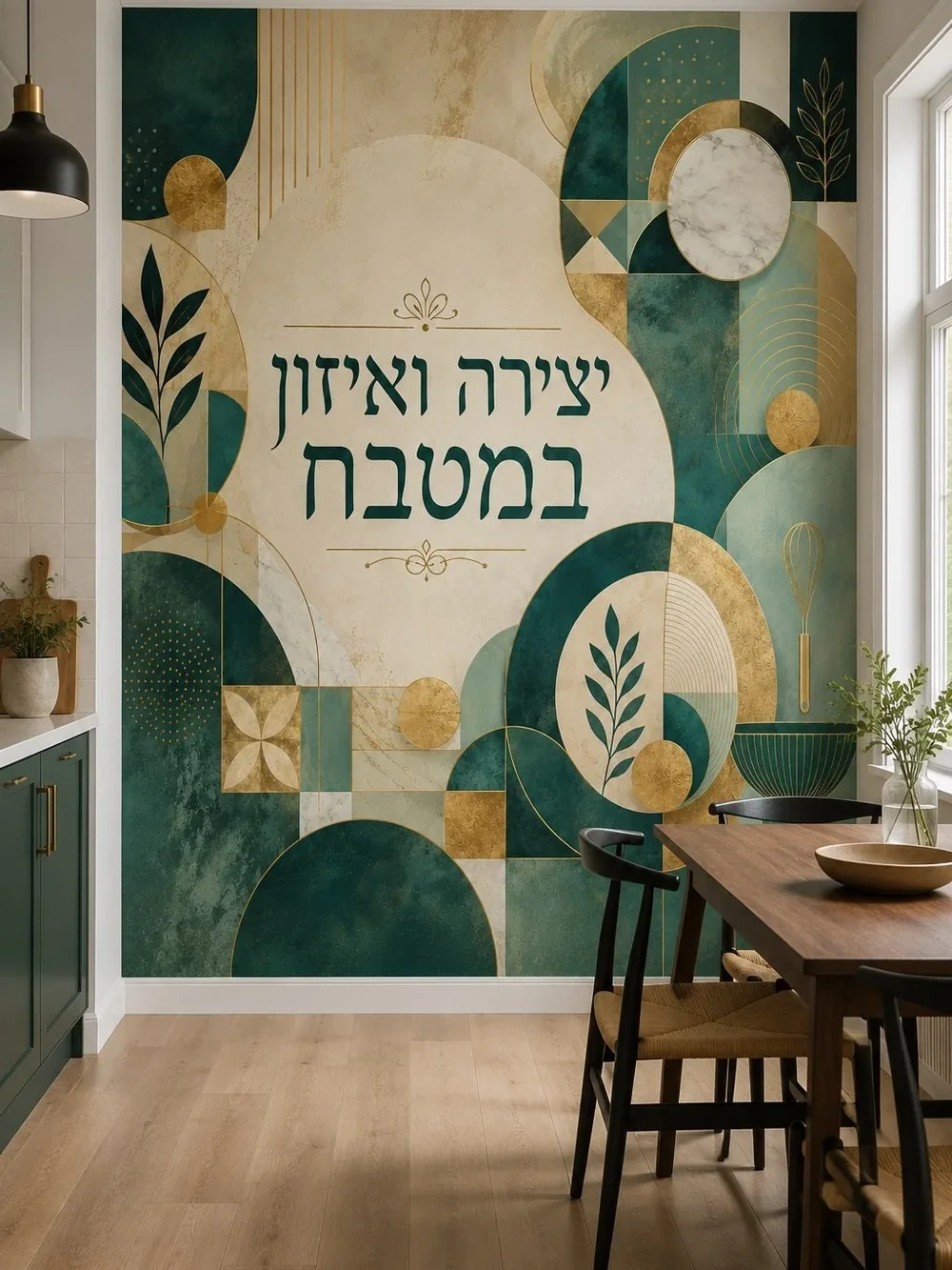 טפט עם צורות גאומטריות ועלים על קיר בסלון עם ספה אפורה ושולחן עץ כהה