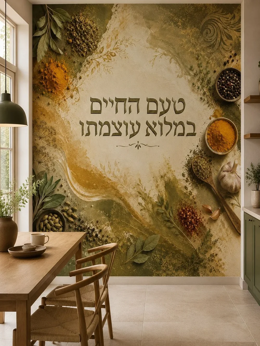 טפט עם עשבי תיבול ותבלינים על קיר במטבח עם מדפי עץ כהים וכלי קרמיקה לבנים.