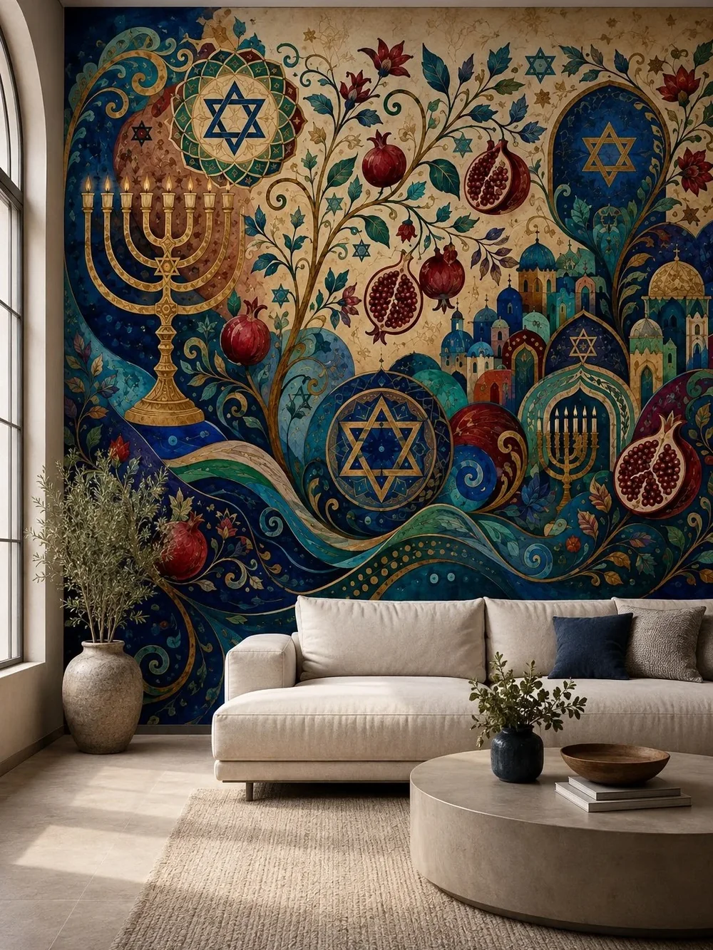 סמלים יהודיים ורימונים בטפט מהודר