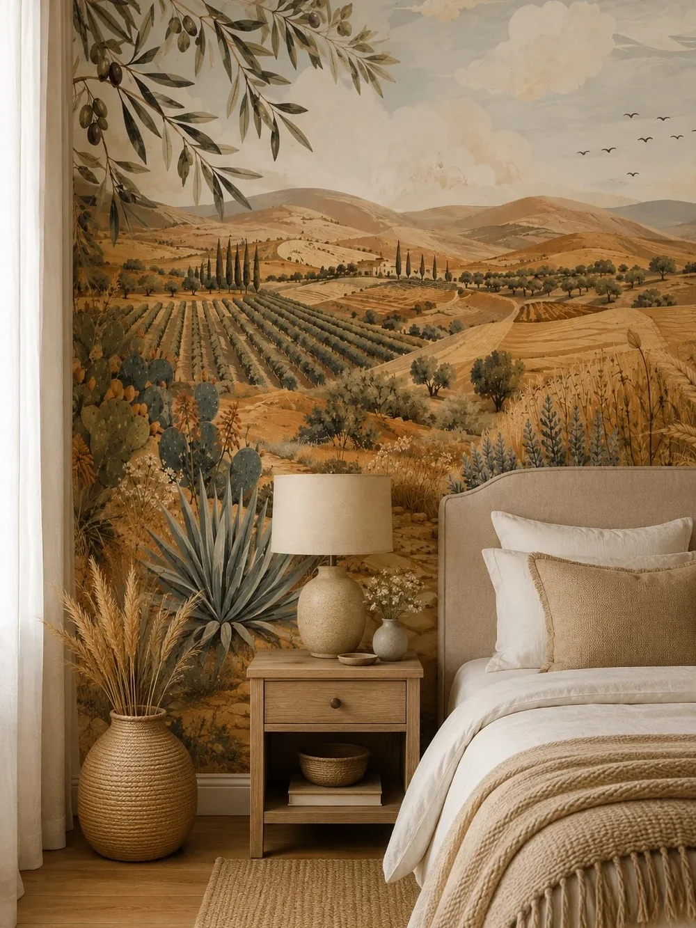 נוף טוסקני עם גבעות, כרמים ועצי ברוש בצבעים אדמתיים וכחולים רכים