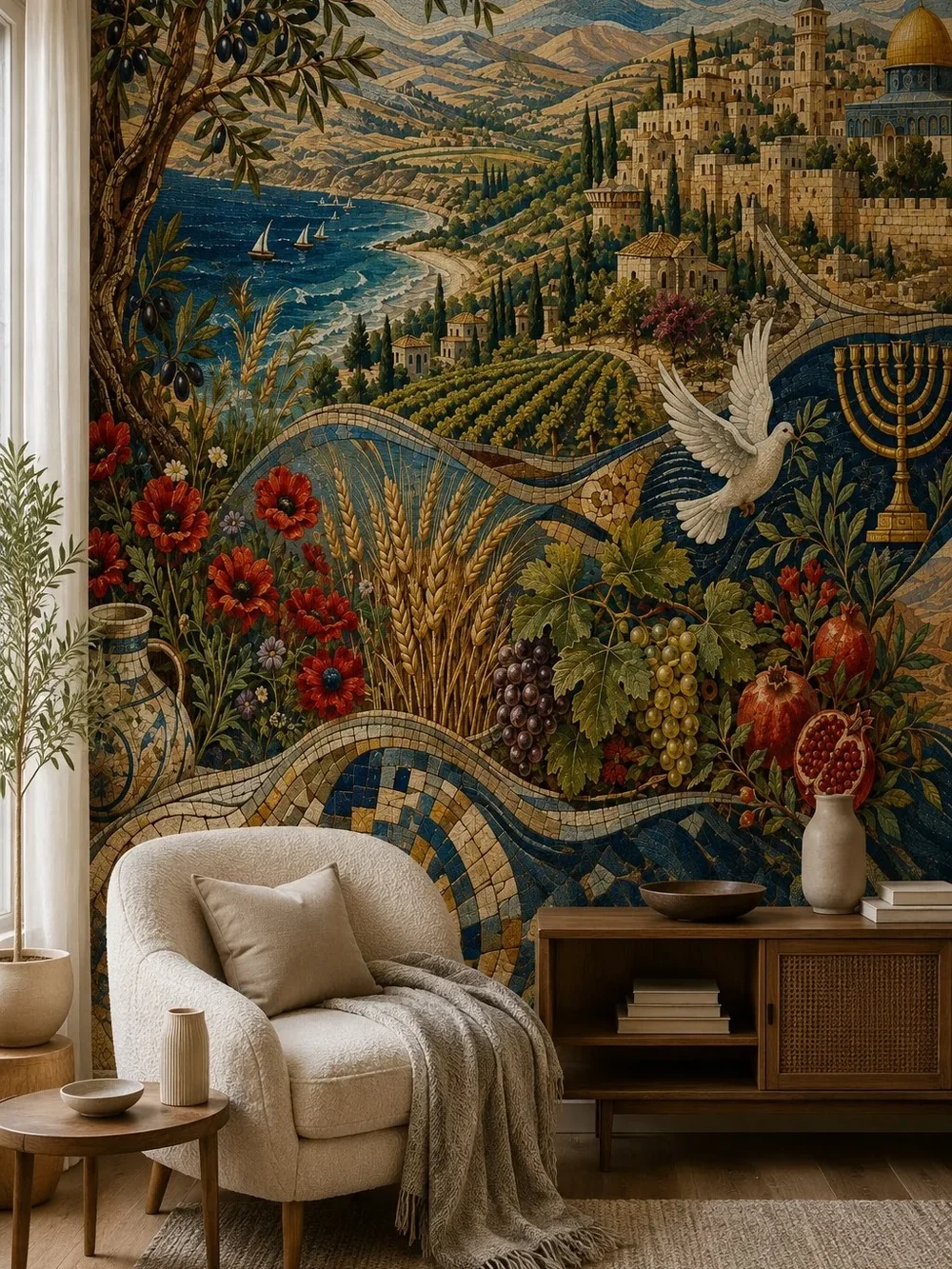 טפט נוף ים תיכוני על קיר בחדר מגורים עם ספה ירוקה ושולחן עץ כהה, תאורה חמימה ברקע