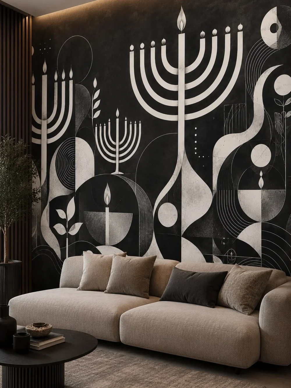טפט מנורות חנוכה ונרות בעיצוב גיאומטרי על קיר בסלון מודרני עם ספה לבנה ותאורה חמה.