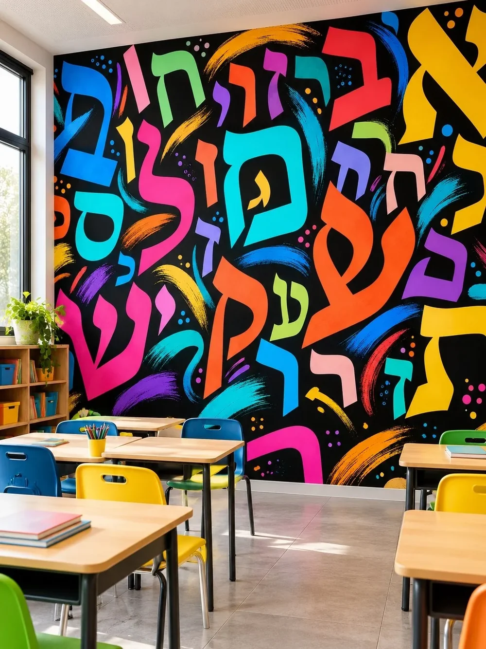 טפט אותיות עבריות צבעוניות על קיר בחדר מגורים עם ספה אפורה ושולחן עץ כהה