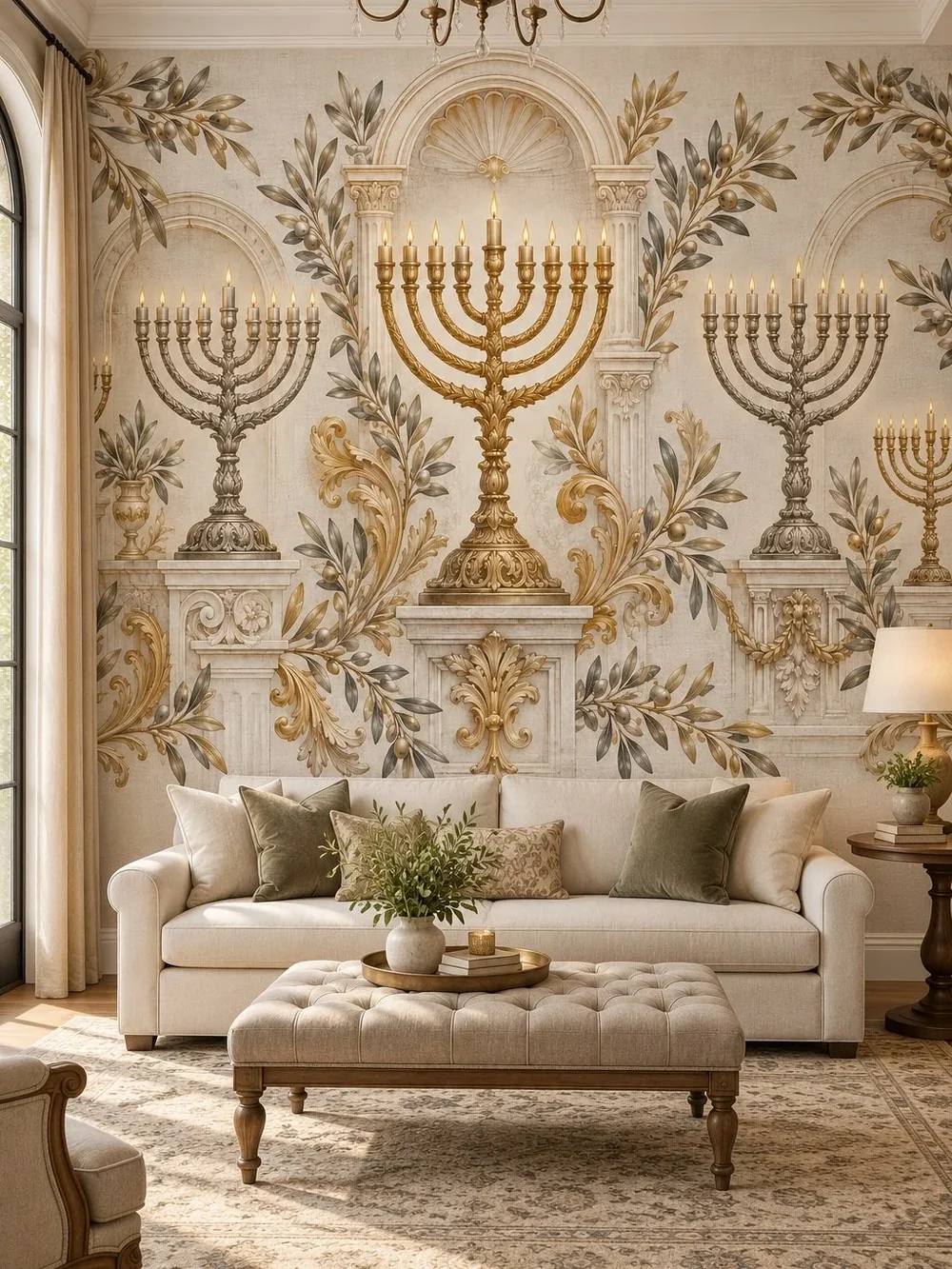 טפט מנורות חנוכה ופרחים על קיר בחדר עם כורסה כהה ושולחן מתכת מעוצב.
