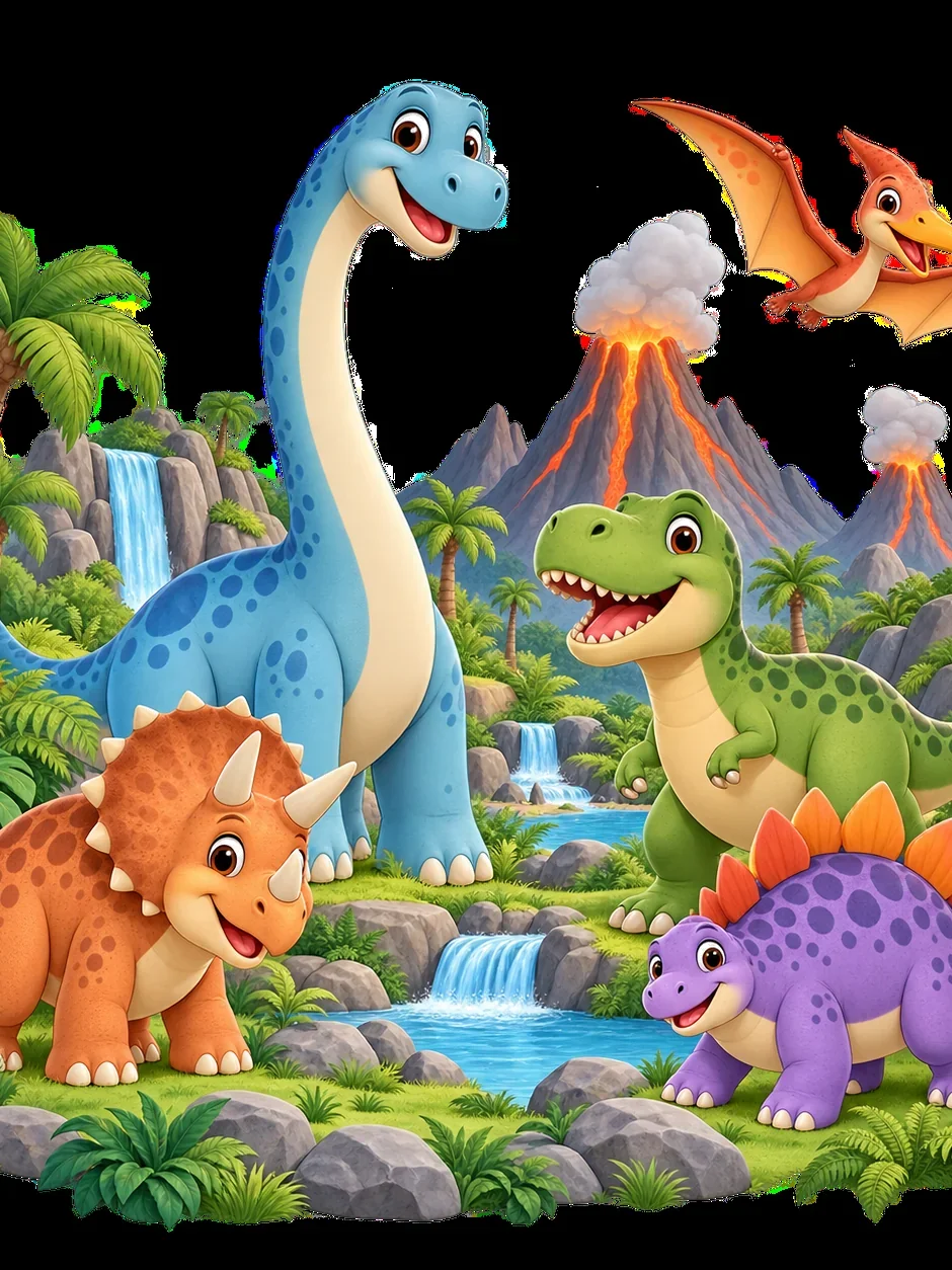דינוזאורים צבעוניים בנוף פרהיסטורי