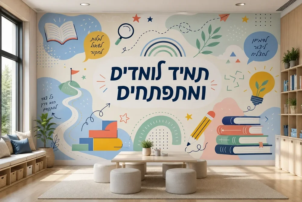 טפט חינוכי עם ספרים ועיפרון על קיר בחדר ילדים עם שולחן כתיבה וכסא כחולים