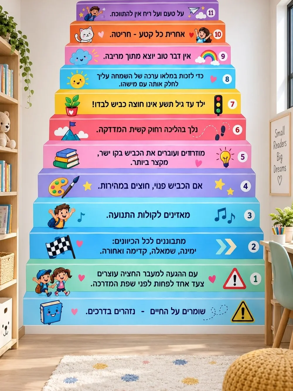 טפט עם מדרגות צבעוניות על קיר בחדר ילדים עם מדף ספרים וצעצועים