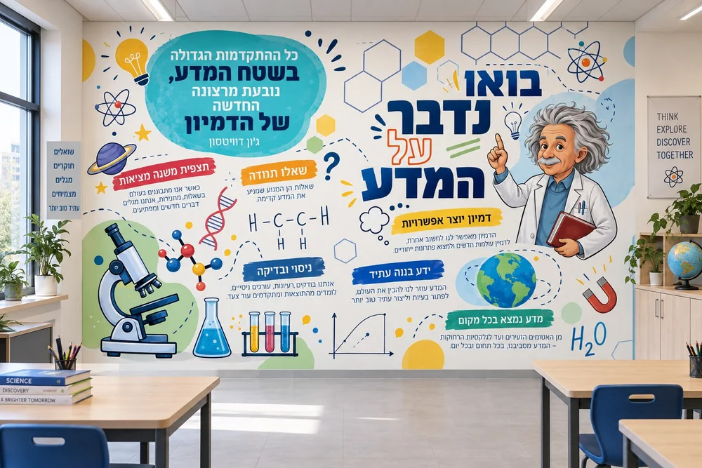 טפט מאנואלי A4574 על קיר בכיתה, עם שולחנות לימוד וכיסאות תלמידים ברקע.