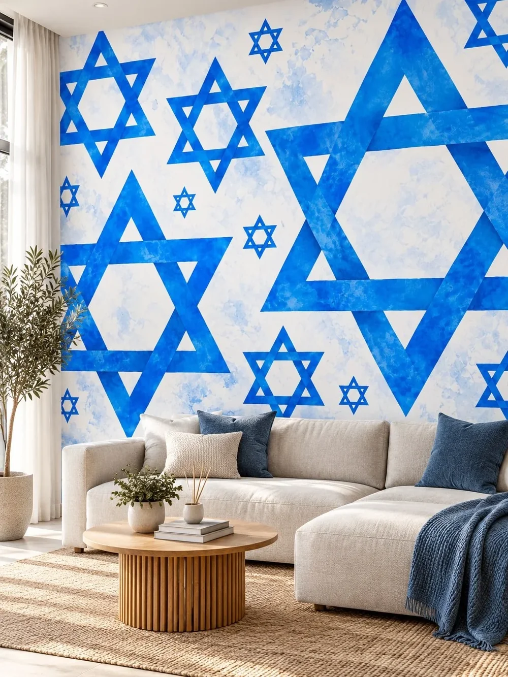 טפט כוכבי דוד כחולים על קיר בחדר עם רהיטים מודרניים ותאורה נעימה