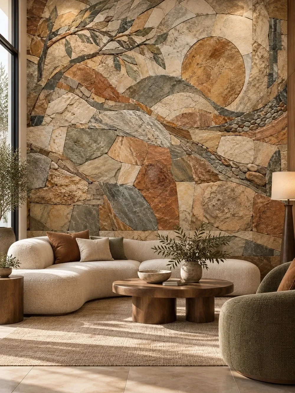 טפט עם נוף אבסטרקטי של עץ ושמש על קיר בחדר עם ריהוט עץ וגוונים טבעיים