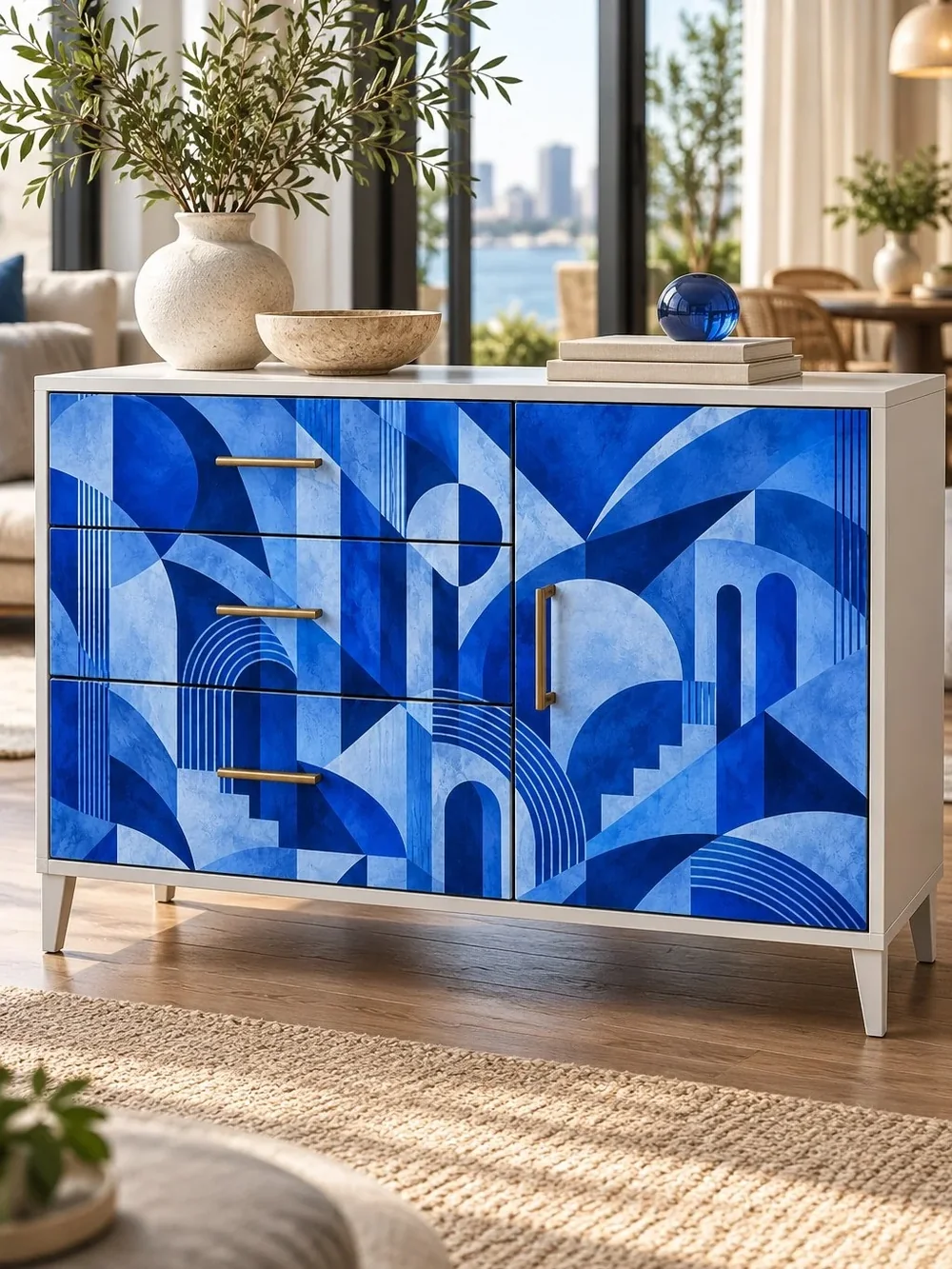 טפט גיאומטרי עם קשתות ועיגולים על קיר בסלון עם ריהוט עץ בהיר ותאורה רכה