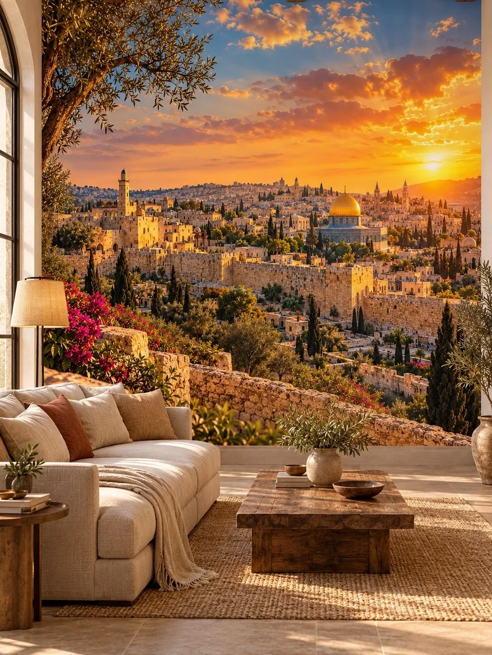 טפט ירושלים בשעת הזהב על קיר בסלון עם ספה בהירה וצמחייה ירוקה ברקע.